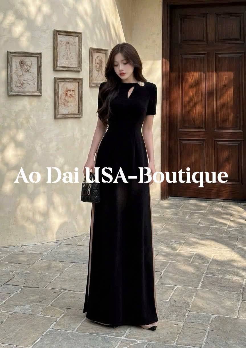 YEN TU Black  / Elegant Traditional Dress/ High Side Slit Ao Dai B62