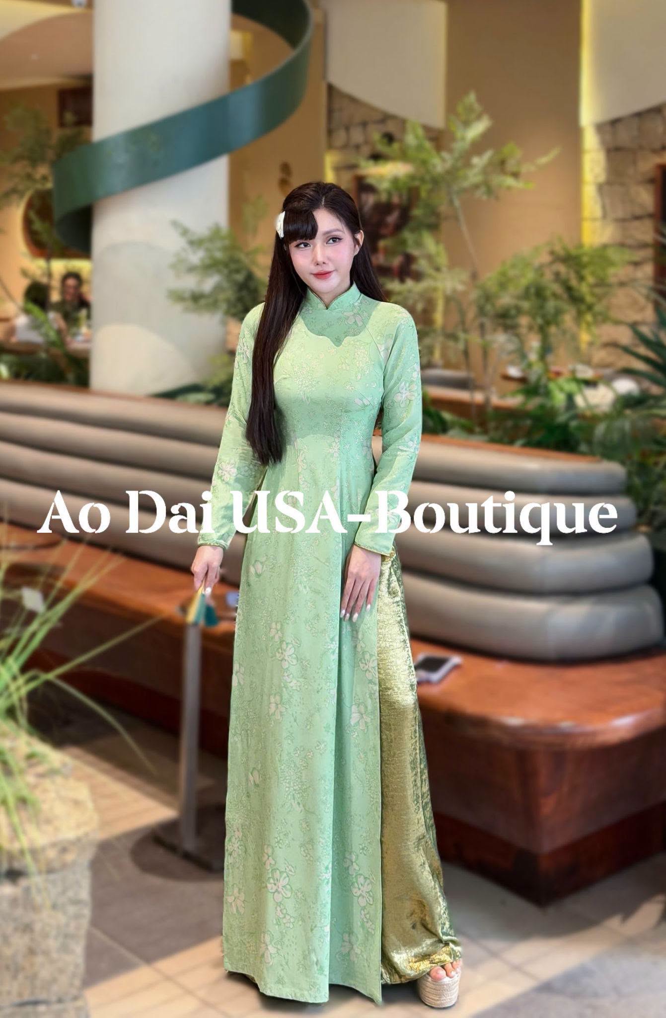 THIEN LY Pastel Green Floral Ao Dai for Women with Shimmering Metallic green Pants/Traditional Vietnamese Dress / B274