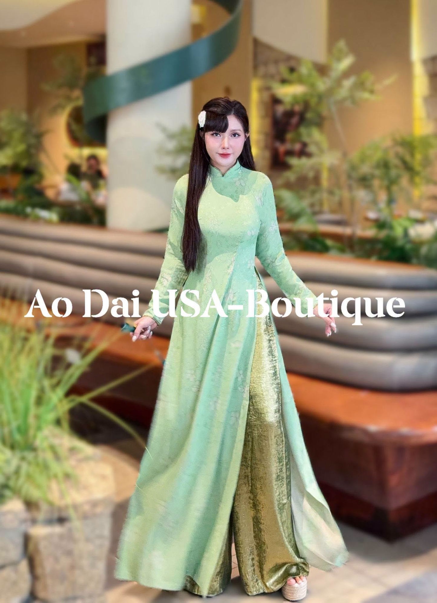 THIEN LY Pastel Green Floral Ao Dai for Women with Shimmering Metallic green Pants/Traditional Vietnamese Dress / B274