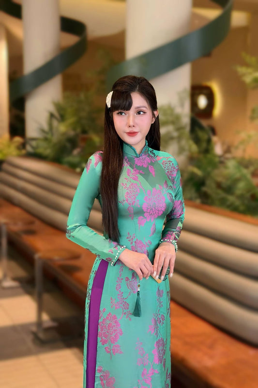 ANH XANH Set Ao Dai Gam Jade Green Floral Ao Dai with Purple Pants/ B95
