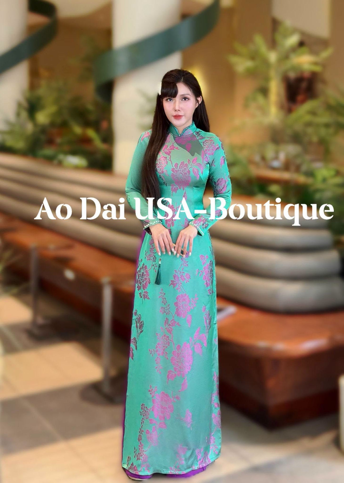 ANH XANH Set Ao Dai Gam Jade Green Floral Ao Dai with Purple Pants/ B95