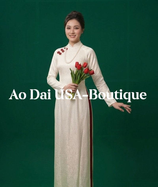 KIM TUYEN Set Ao Dai Gam White Color Come with Dark Red Pants/ B288