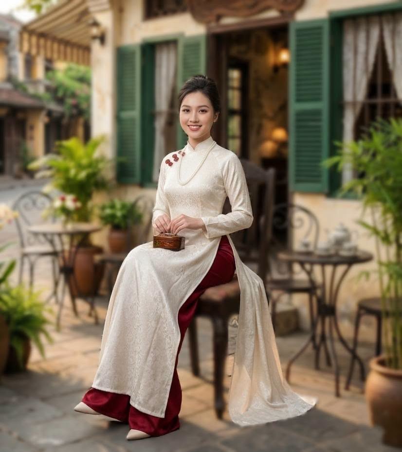 KIM TUYEN Set Ao Dai Gam White Color Come with Dark Red Pants/ B288