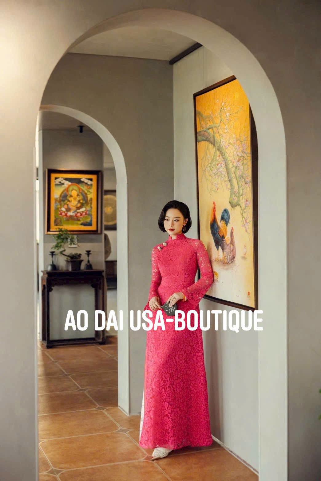 NHU YEN SEt Ao dai for women Lace Hot PInk Color - Traditional Vietnamese Long Dress -Lace Pants white inclued/TT253