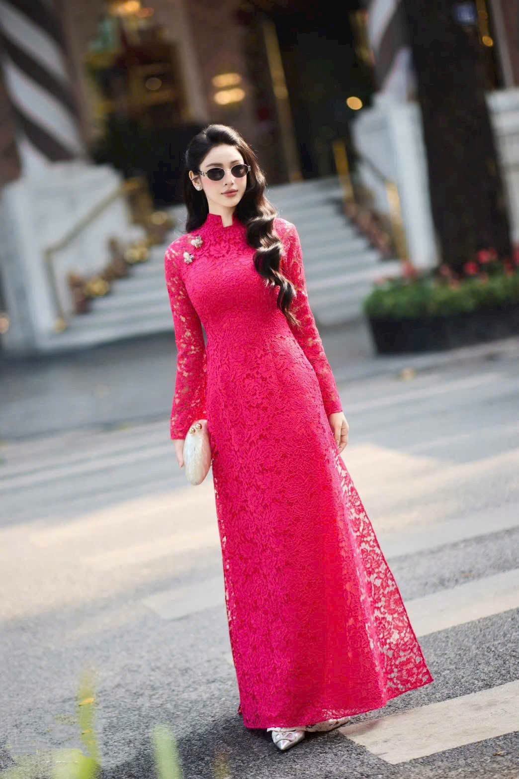 NHU YEN SEt Ao dai for women Lace Hot PInk Color - Traditional Vietnamese Long Dress -Lace Pants white inclued/TT253