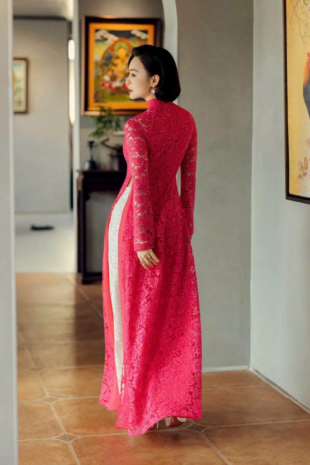 NHU YEN SEt Ao dai for women Lace Hot PInk Color - Traditional Vietnamese Long Dress -Lace Pants white inclued/TT253