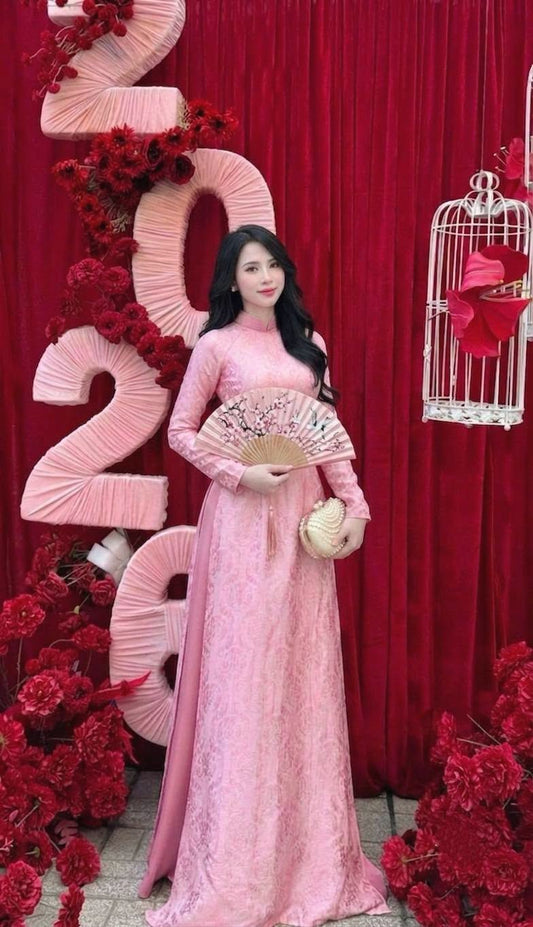 ANH DAO Set Ao Dai Gam Tho Doi Design For Women Blush Pink Color/ Traditional Long dresses Vietnamese/dark pink wide-leg pants included/TT80