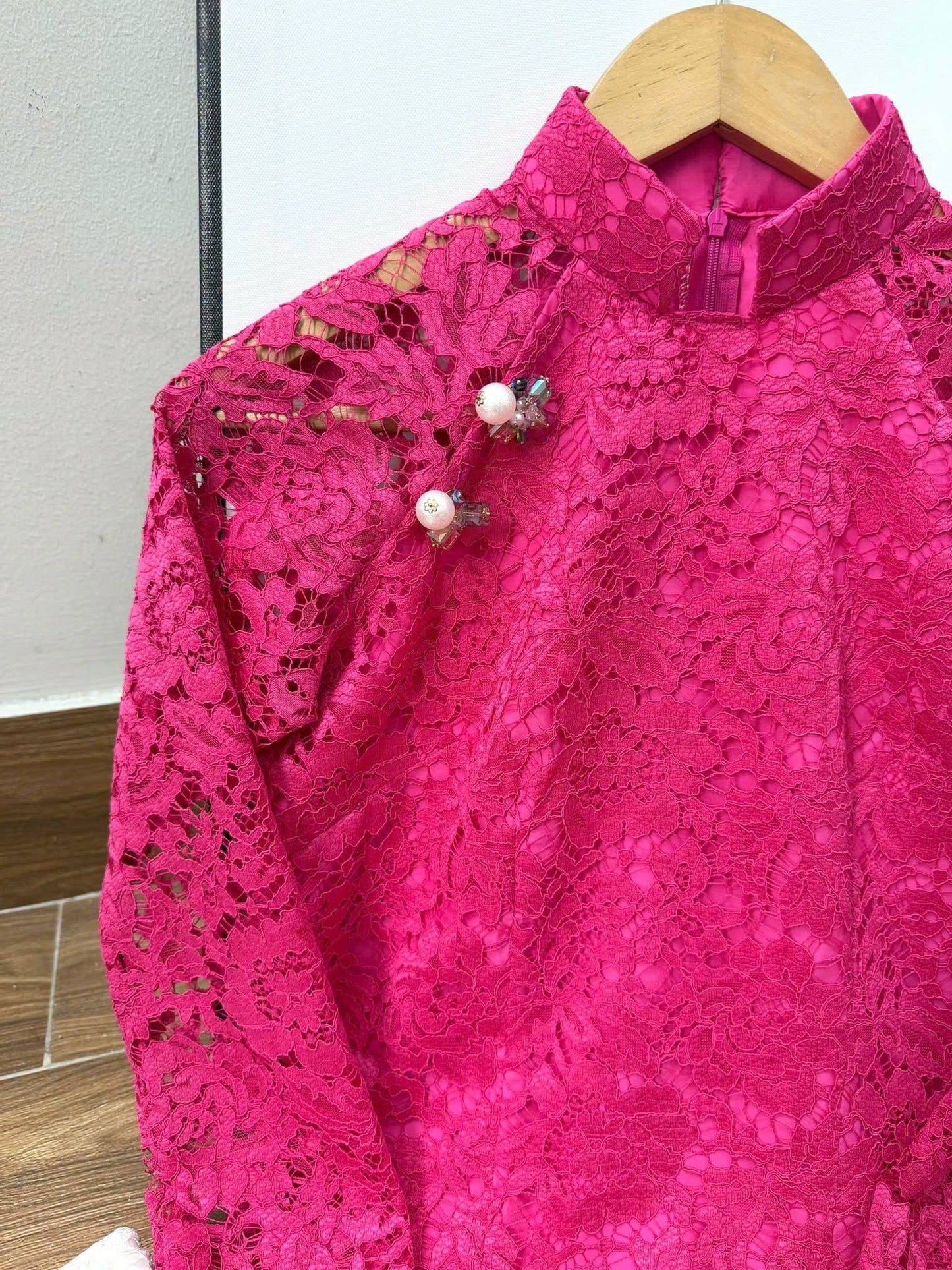 NHU YEN SEt Ao dai for women Lace Hot PInk Color - Traditional Vietnamese Long Dress -Lace Pants white inclued/TT253