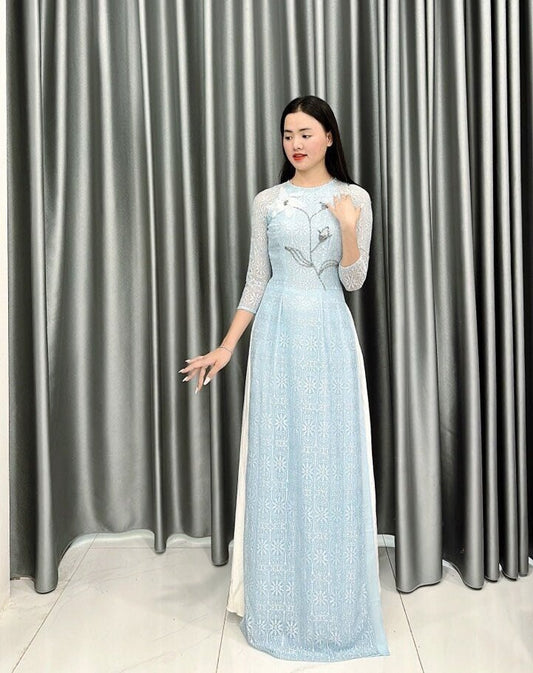 Top Only-Lace Ao Dai Blue color- B252