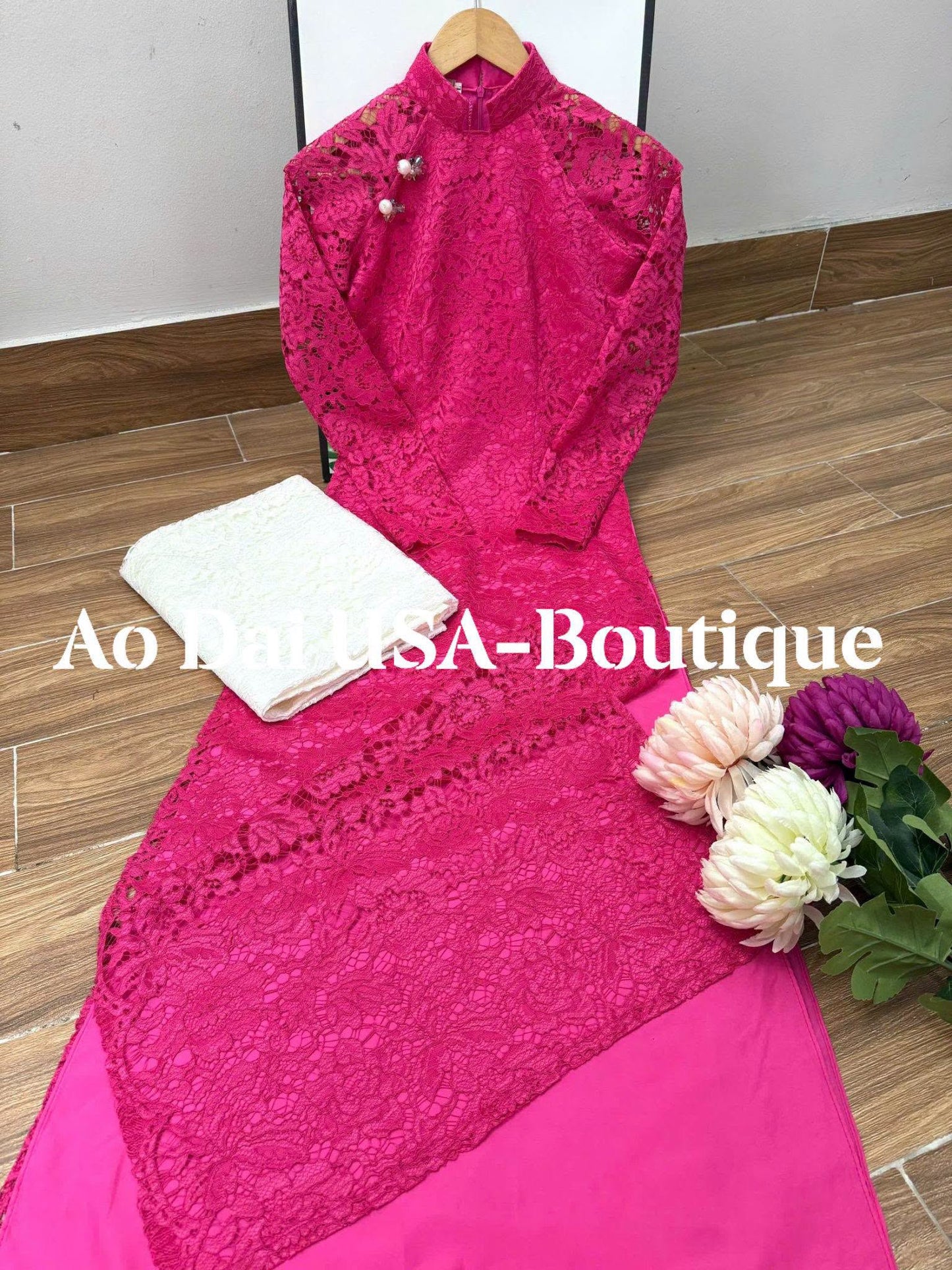 NHU YEN SEt Ao dai for women Lace Hot PInk Color - Traditional Vietnamese Long Dress -Lace Pants white inclued/TT253