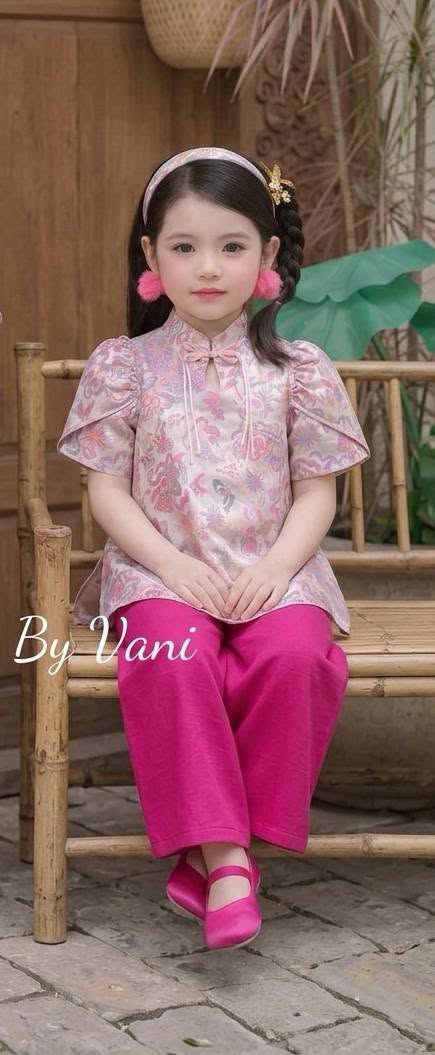 Girls' Ao Ba Ba Set Pink Color /Modern Vietnamese Phap Phuc with Pants / Gam Luxury For Girl with headband/G357