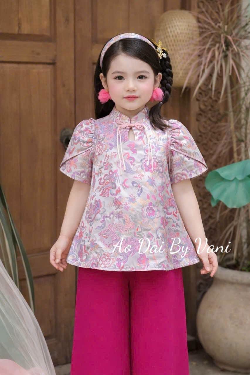 Girls' Ao Ba Ba Set Pink Color /Modern Vietnamese Phap Phuc with Pants / Gam Luxury For Girl with headband/G357