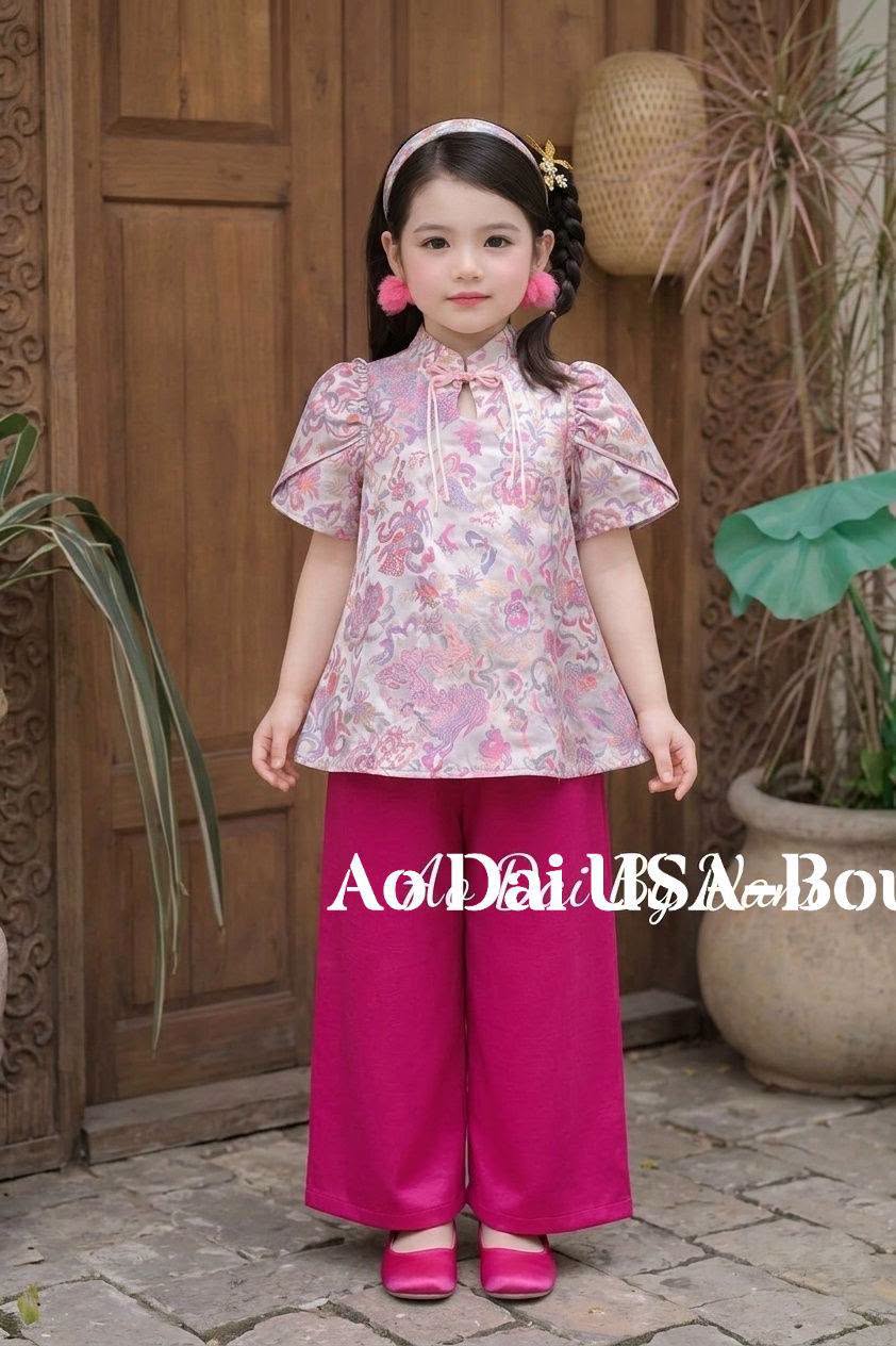 Girls' Ao Ba Ba Set Pink Color /Modern Vietnamese Phap Phuc with Pants / Gam Luxury For Girl with headband/G357