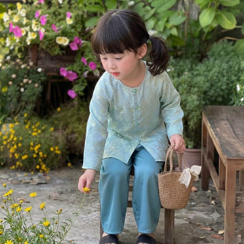 Girls Floral Ao Ba Ba Cach Tan (2 colors)/ Pink and Blue Colors with pants/Vietnamese Lunar New Year Outfit TT55