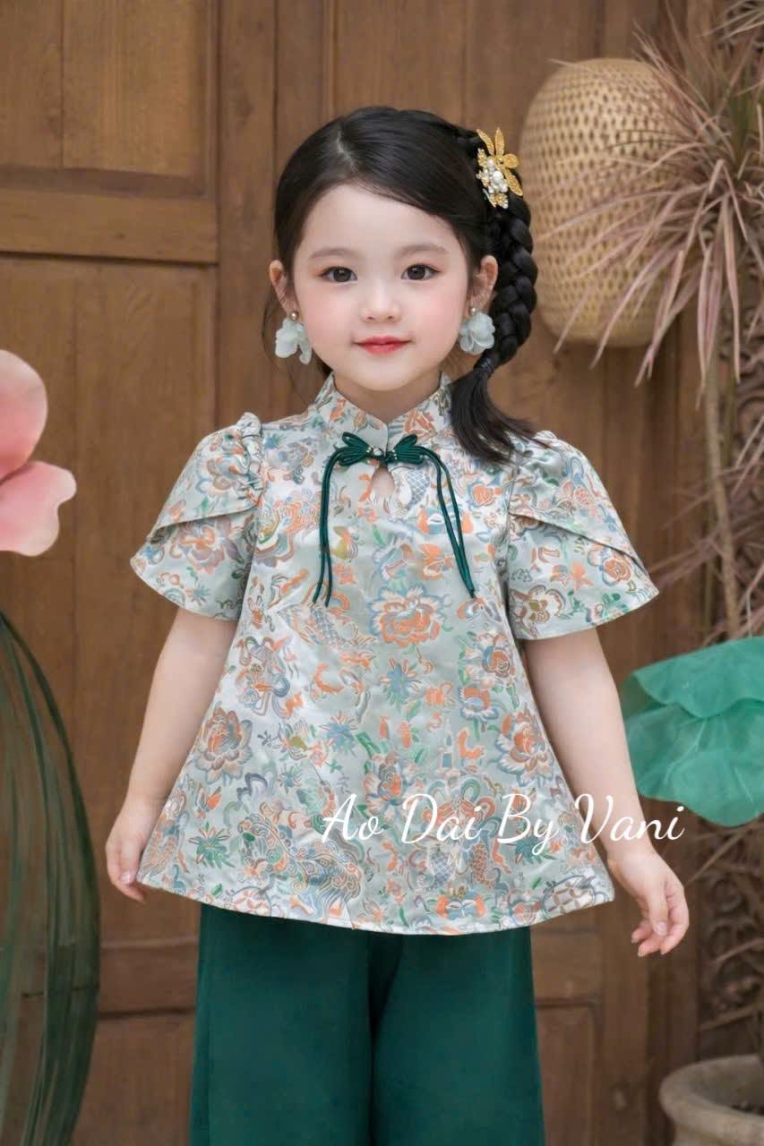 Girls' Ao Ba Ba Set Pink Color /Modern Vietnamese Phap Phuc with Pants / Gam Luxury For Girl with headband/G357