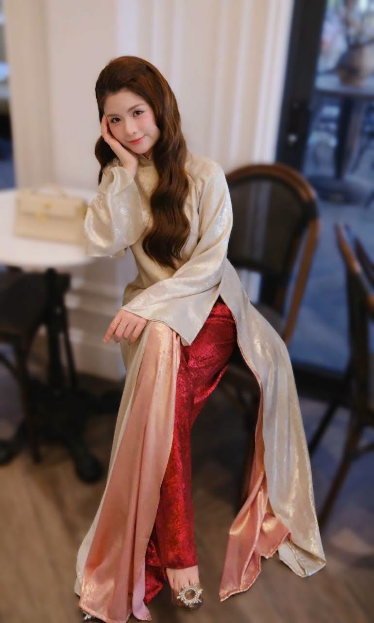 SAO HOA Set Ao Dai Silver Sheer Layered Ao Dai Set with Red Pants /Two-Layer Vietnamese Traditional Dress/Elegant Modern Áo Dài Outfit B275