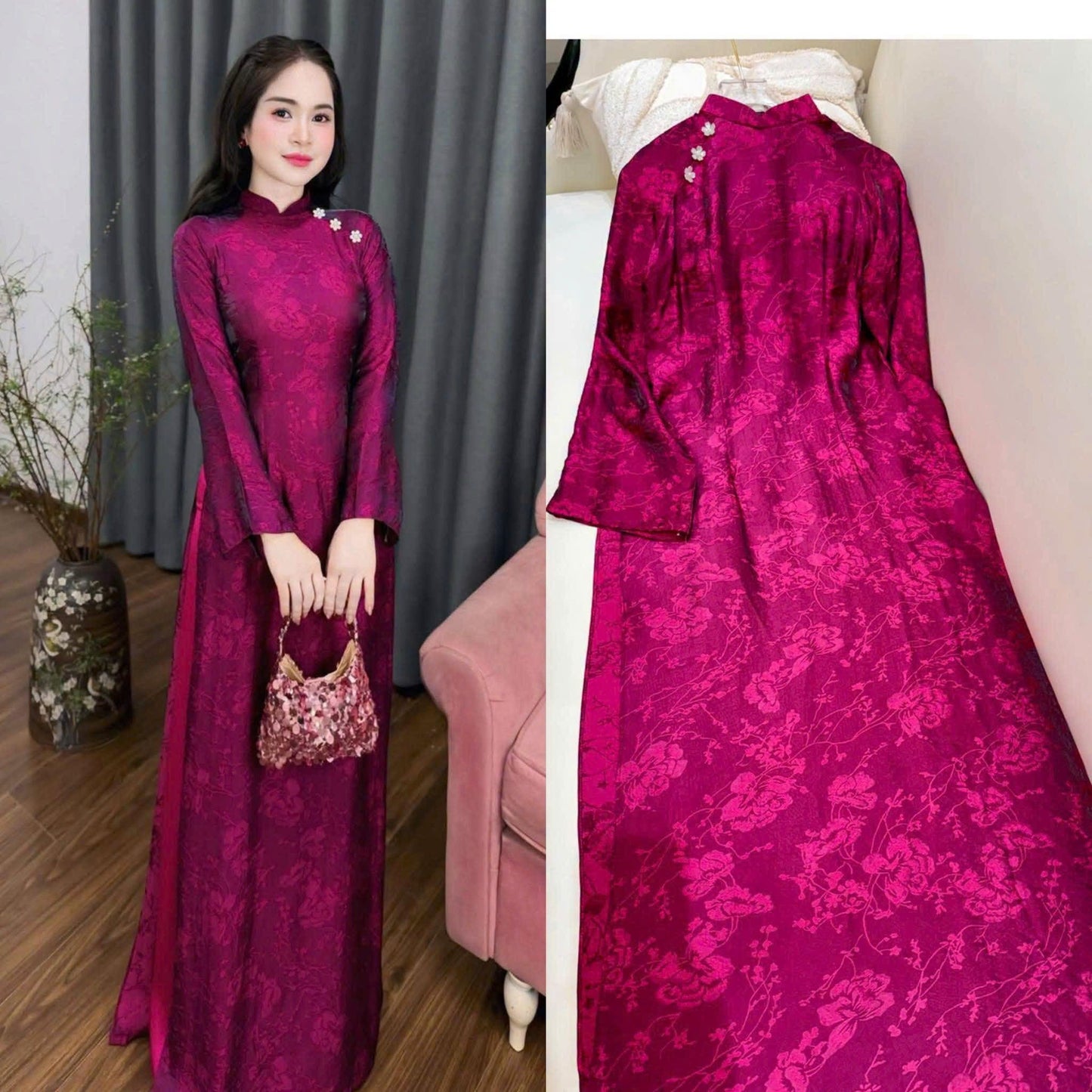 MAI HOA Set Ao Dai Gam Ha Nam Design For Women Purple Color/ Traditional Long dresses Vietnamese/ pants included/TT76