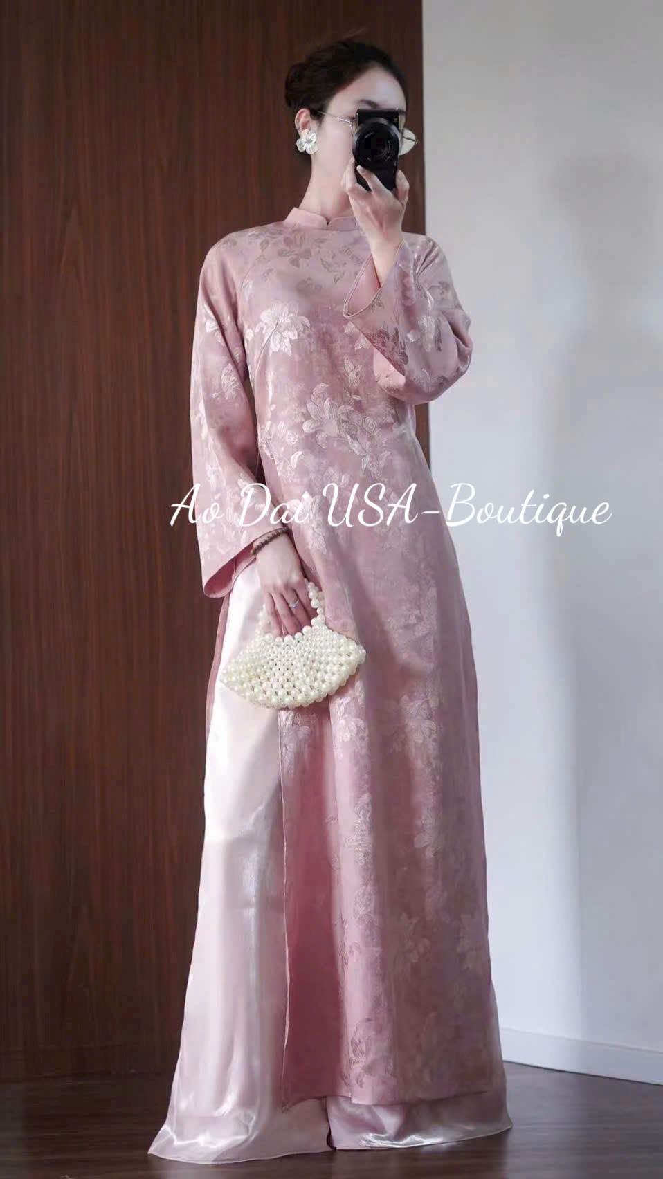 KHOI MAI Set Ao Dai To Tam Van Nam Design Dusty Rose Pink Color/ Traditional Long dresses /pants included/ CT284