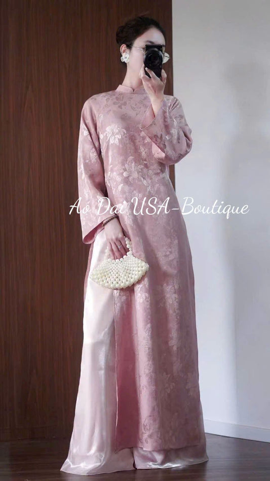 KHOI MAI Set Ao Dai To Tam Van Nam Design Dusty Rose Pink Color/ Traditional Long dresses /pants included/ CT284