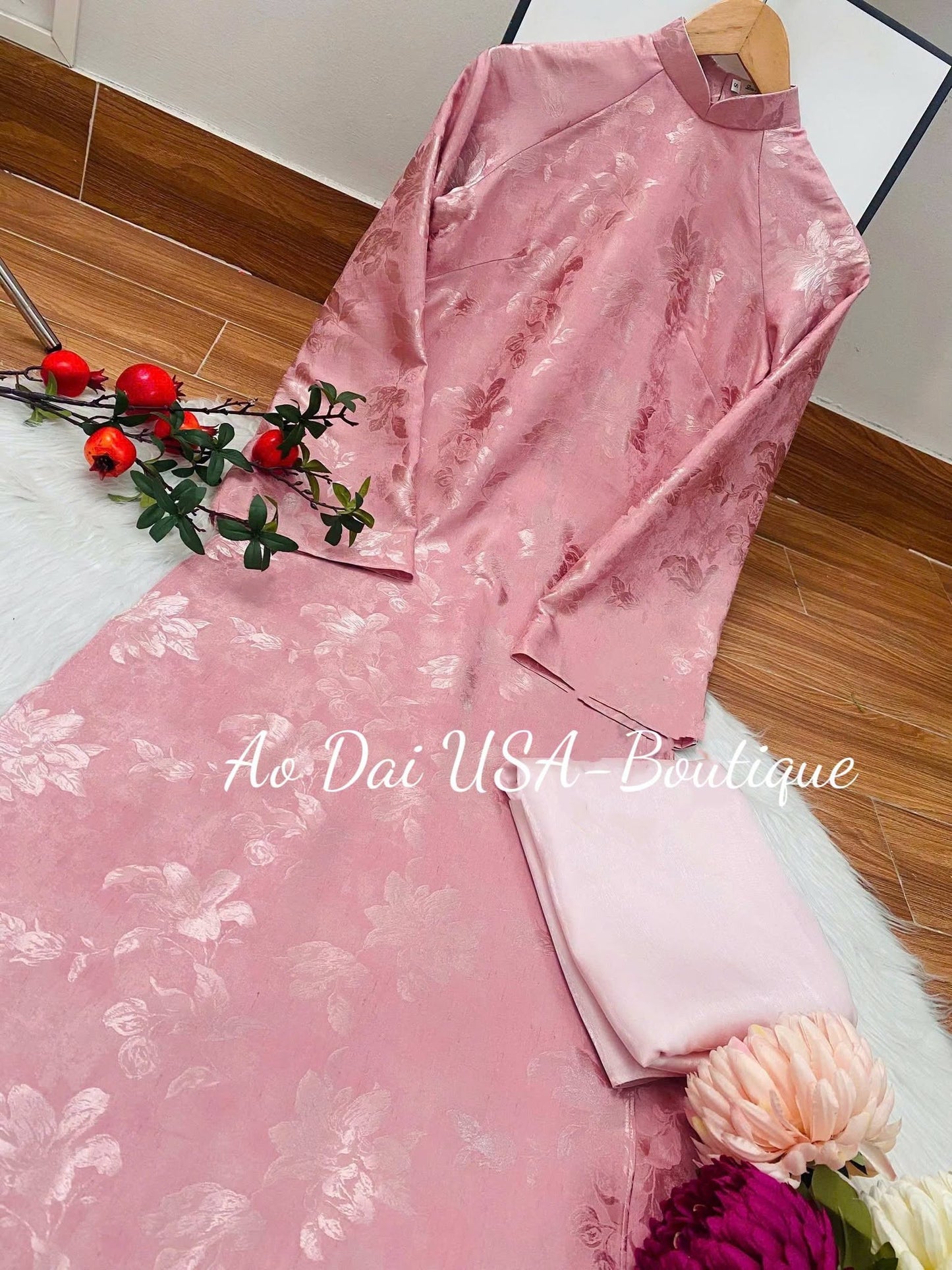 KHOI MAI Set Ao Dai To Tam Van Nam Design Dusty Rose Pink Color/ Traditional Long dresses /pants included/ CT284