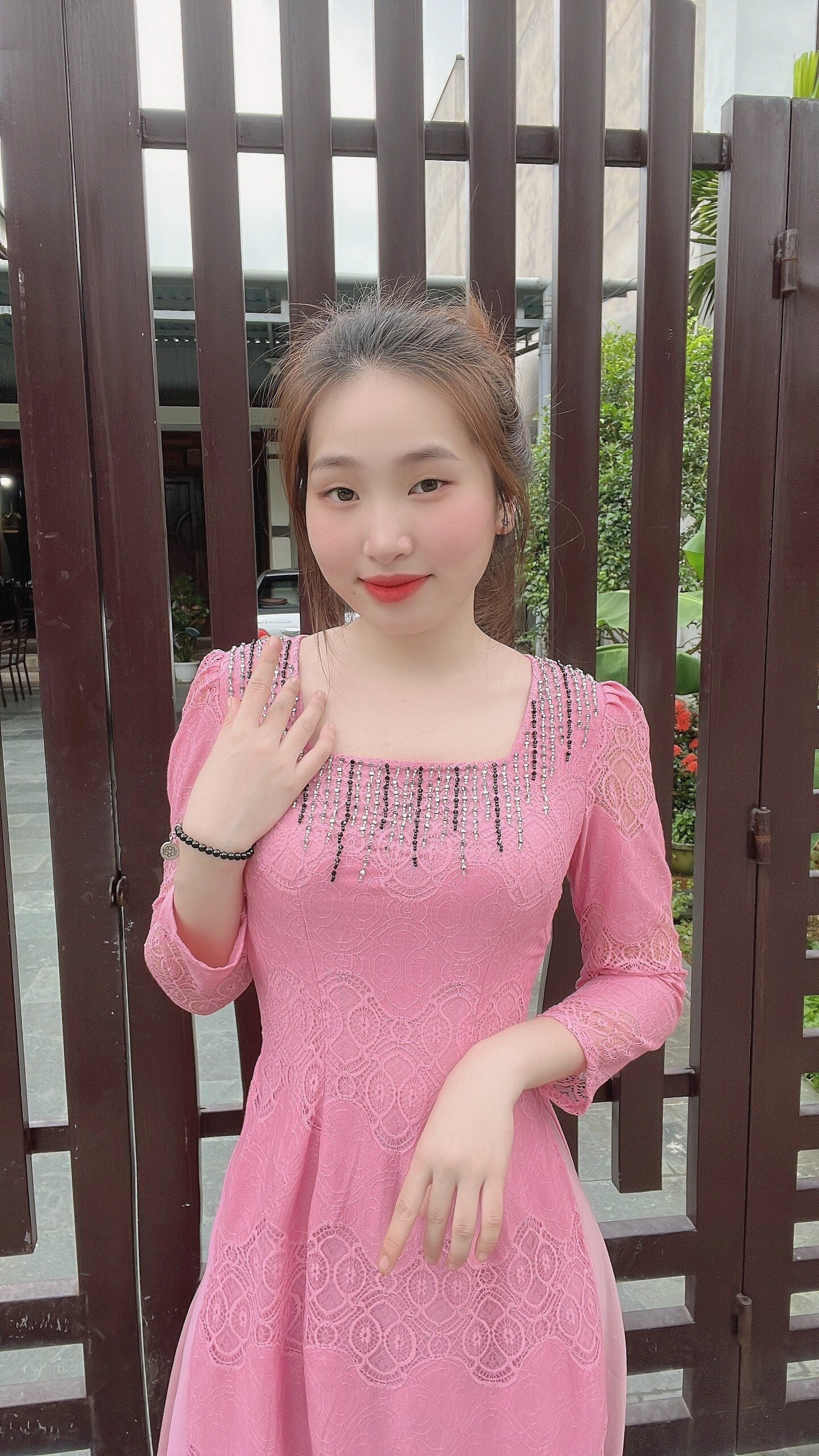 Double layers Lace Ao Dai- Pink Color -No pants included- B250