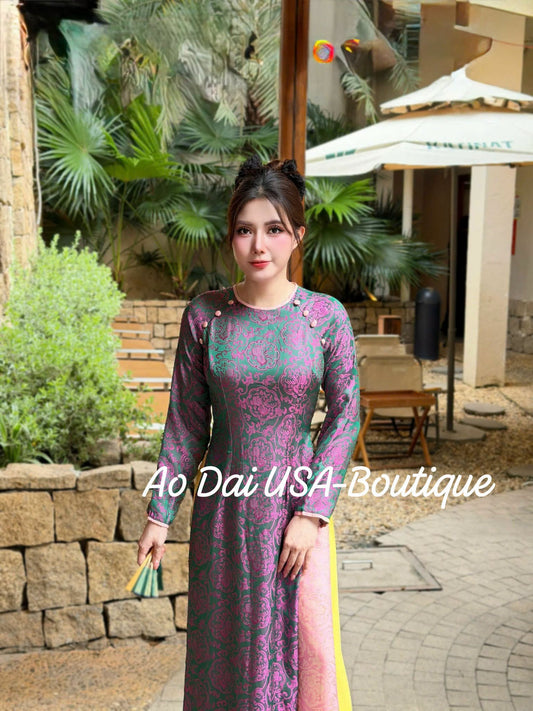 UYEN SAO  Set Ao Dai Lụa Tô Châu Design For Women Burgundy Color/ Traditional Long dresses Vietnamese/ pants included/ TT18