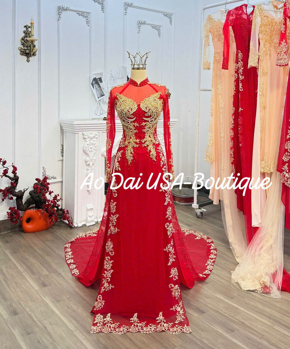 Red Chiffon Ao Dai Co Dau/ Crystal Wedding Dress with Long Train For Bridal/ High Quality Vietnamese Wedding Ao Dai with Red Pants /B161