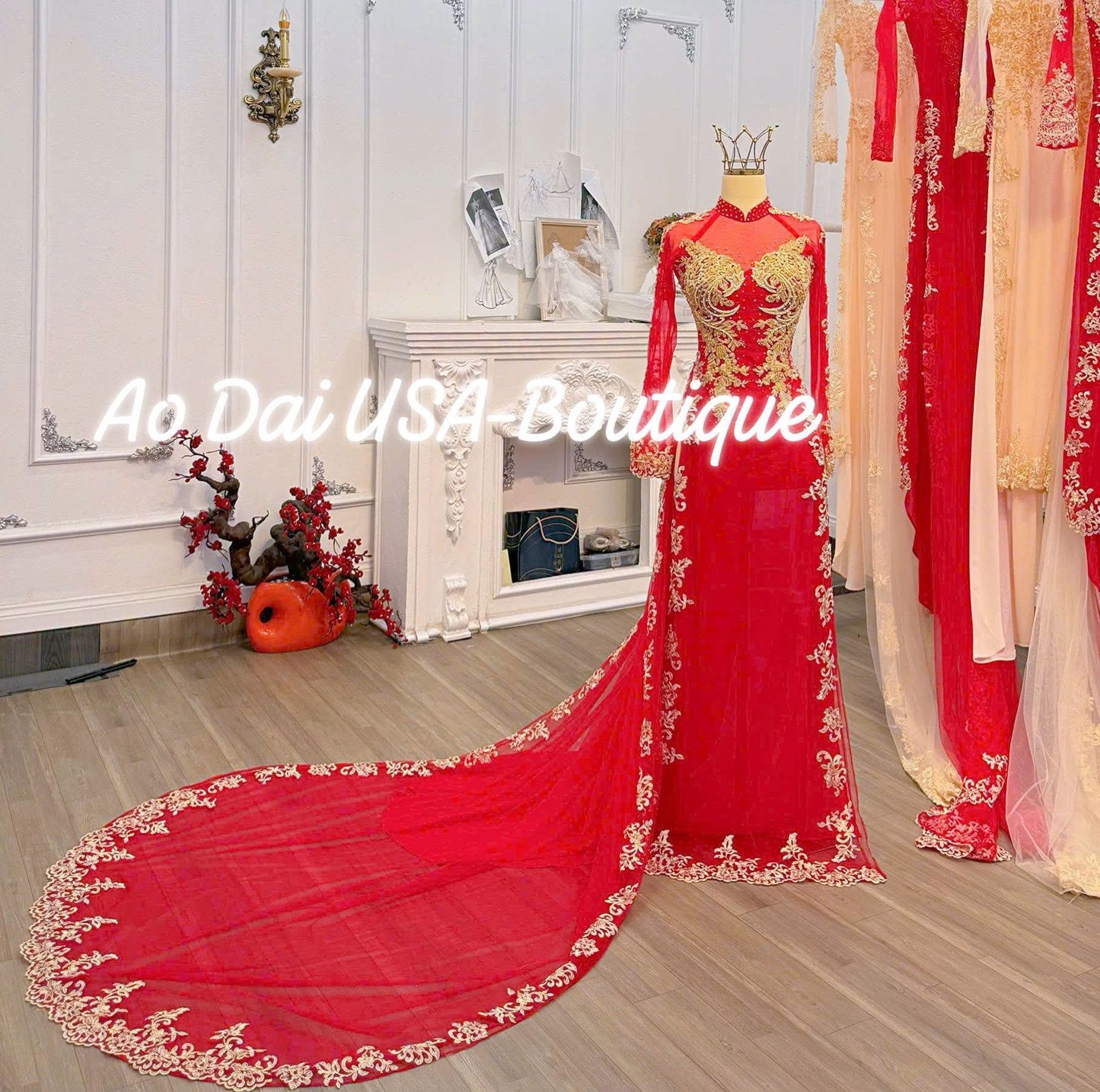 Red Chiffon Ao Dai Co Dau/ Crystal Wedding Dress with Long Train For Bridal/ High Quality Vietnamese Wedding Ao Dai with Red Pants /B161