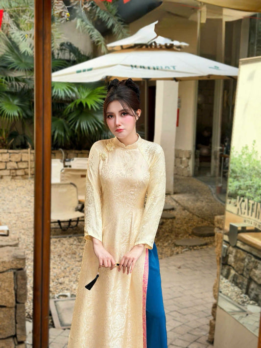 PHUC MAI  Set Ao Dai Lụa Tô Châu Design For Women Light Yellow Color/ Traditional Long dresses Vietnamese/ pants included/ TT17