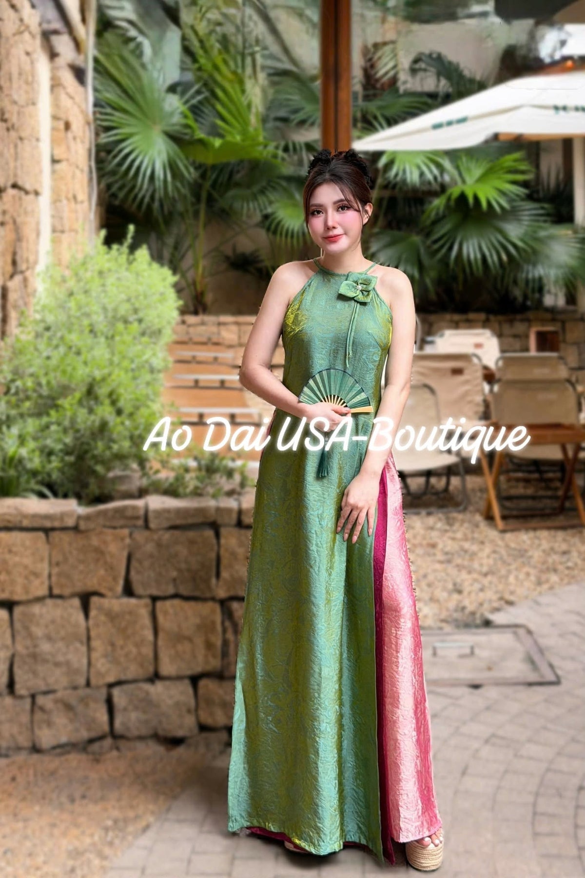 LAM NGOC Set Ao Dai Green Color/ Modern trendy Áo Dài / Custom-designed Áo Dài/Light Pink Pants include/CT272