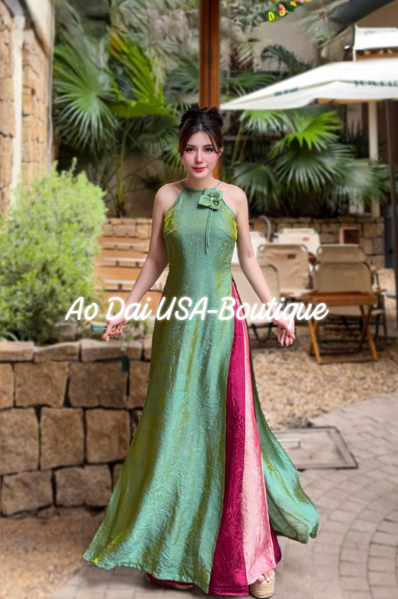 LAM NGOC Set Ao Dai Green Color/ Modern trendy Áo Dài / Custom-designed Áo Dài/Light Pink Pants include/CT272