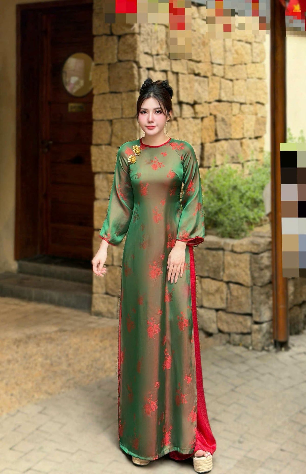 UYEN HOA Set Ao Dai To tam thai tuan/ Design For Women Green and red Color/ Traditional Long dresses Vietnamese/Red pants included/TT81