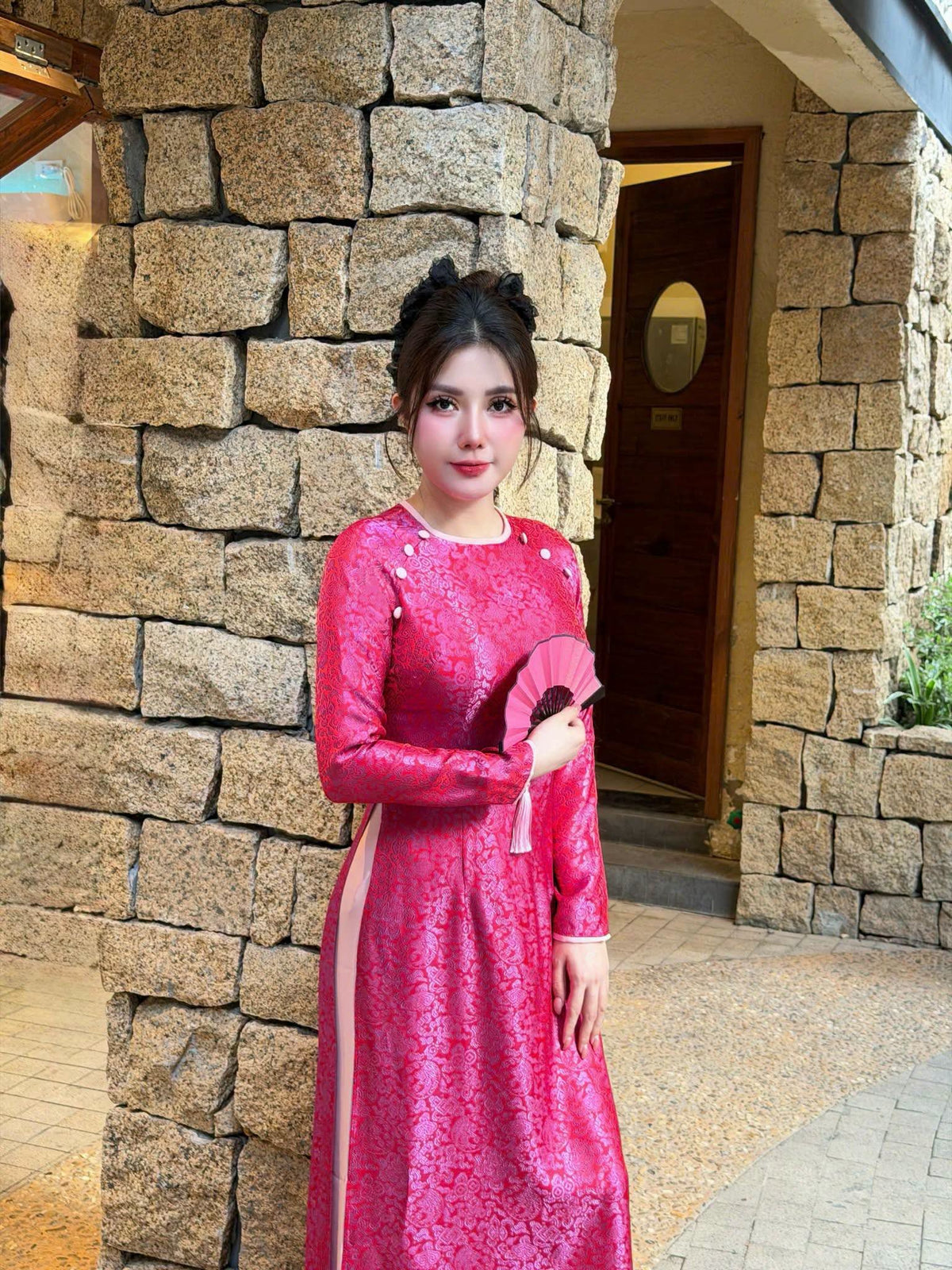 DA HOA Set Ao Dai Gam Ha Nam Design For Women pink Color/ Traditional Long dresses Vietnamese/pants included/TT61