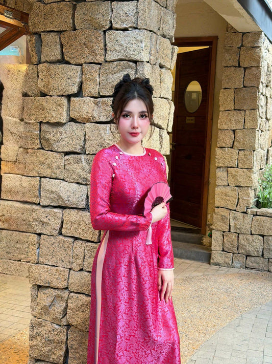 DA HOA Set Ao Dai Gam Ha Nam Design For Women pink Color/ Traditional Long dresses Vietnamese/pants included/TT61