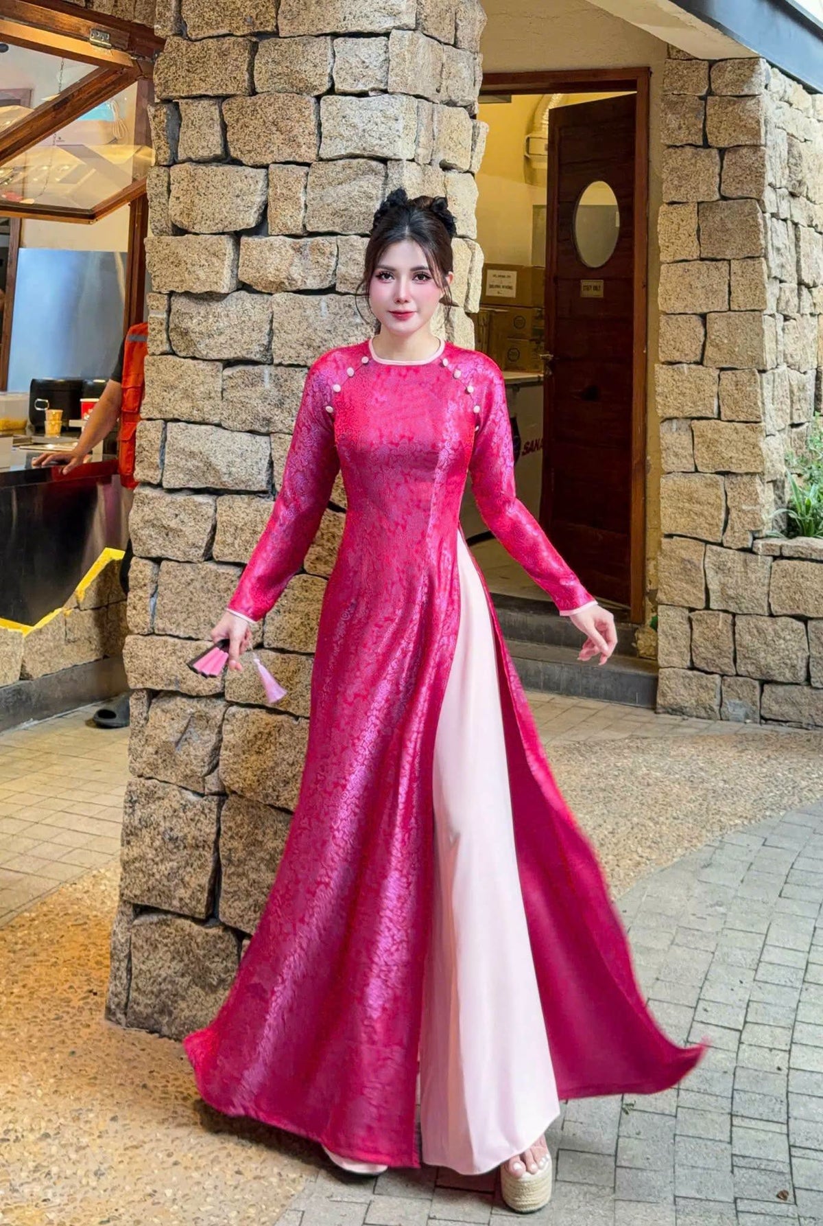 DA HOA Set Ao Dai Gam Ha Nam Design For Women pink Color/ Traditional Long dresses Vietnamese/pants included/TT61