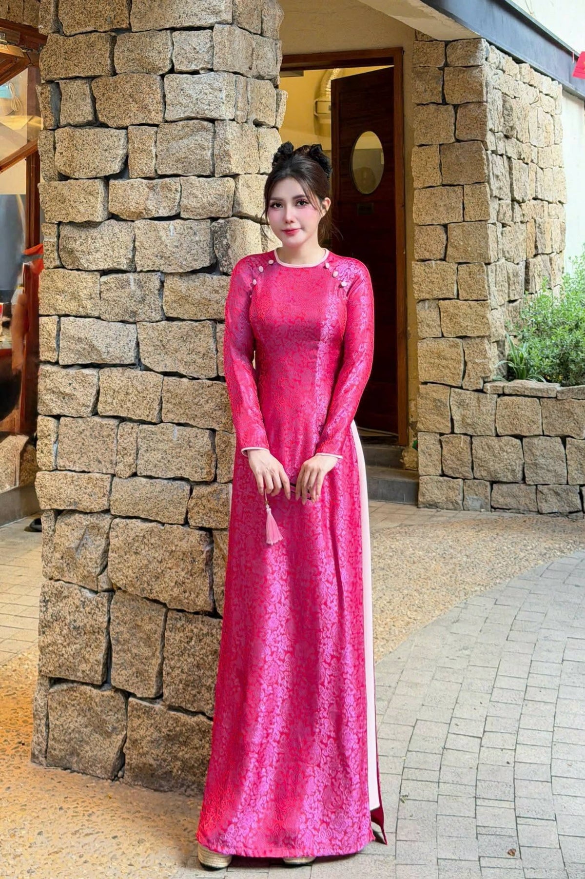 DA HOA Set Ao Dai Gam Ha Nam Design For Women pink Color/ Traditional Long dresses Vietnamese/pants included/TT61