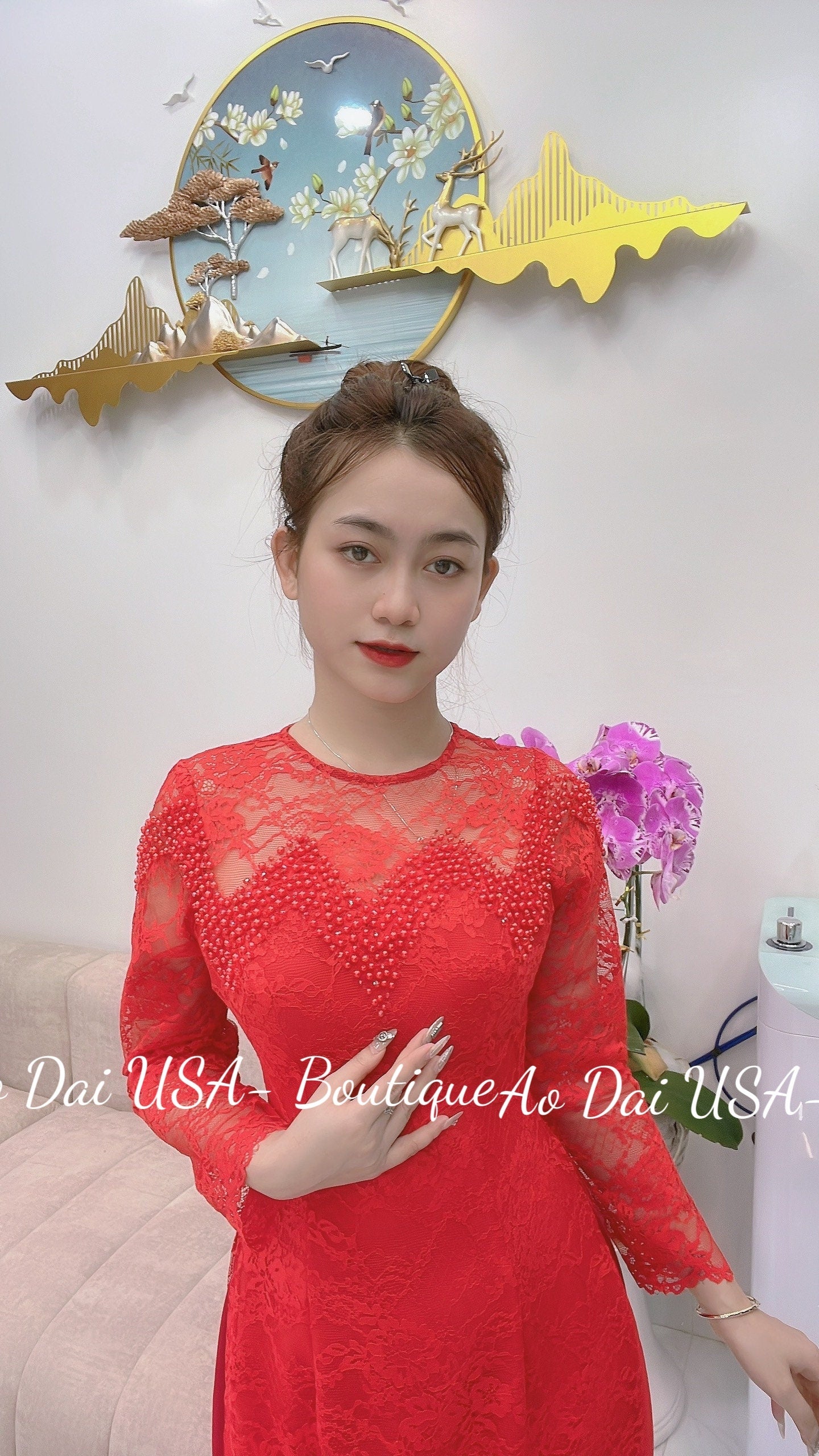 Top Only- Lace Ao Dai Red Color Double layers with pearls-B172