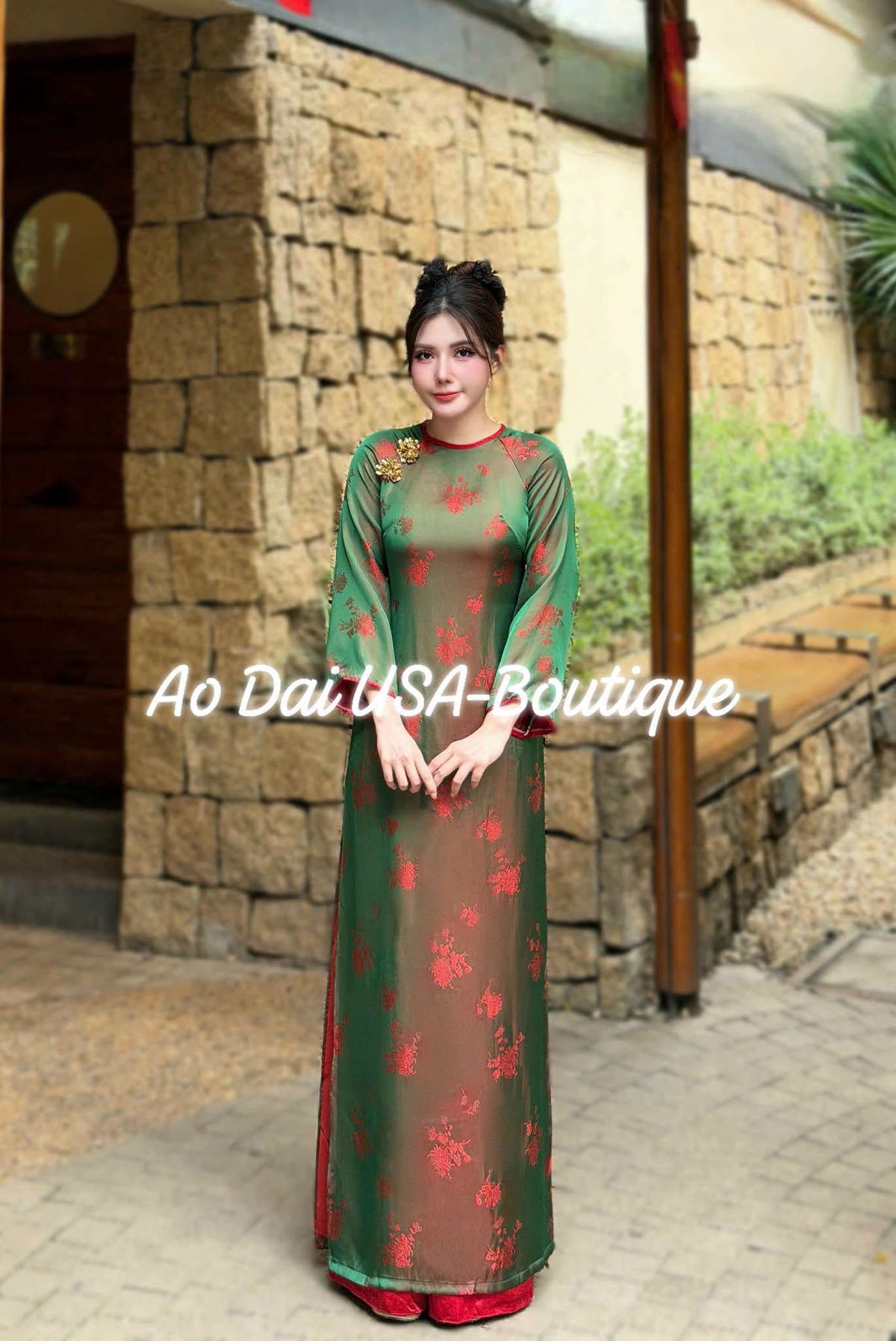 UYEN HOA Set Ao Dai To tam thai tuan/ Design For Women Green and red Color/ Traditional Long dresses Vietnamese/Red pants included/TT81