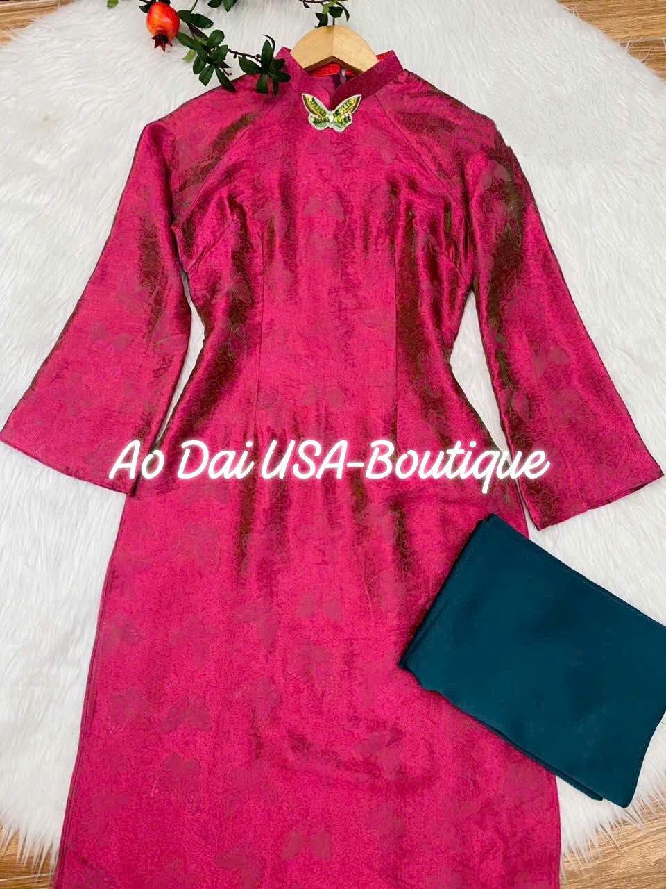 HO DIEP Set Ao Dai Gam Ho Diep Design For Women Burgundy Color/ Traditional Long dresses Vietnamese/Pink pants included/CT301