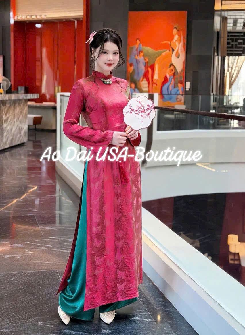 HO DIEP Set Ao Dai Gam Ho Diep Design For Women Burgundy Color/ Traditional Long dresses Vietnamese/Pink pants included/CT301