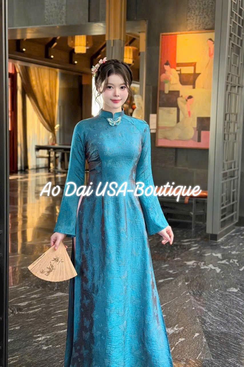 ANH MINH Set Ao Dai Gam Ho Diep Design For Women navy Color/ Traditional Long dresses Vietnamese/Dark Blue pants included/CT300
