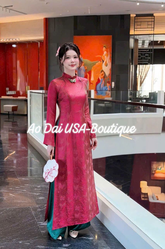 HO DIEP Set Ao Dai Gam Ho Diep Design For Women Burgundy Color/ Traditional Long dresses Vietnamese/Pink pants included/CT301