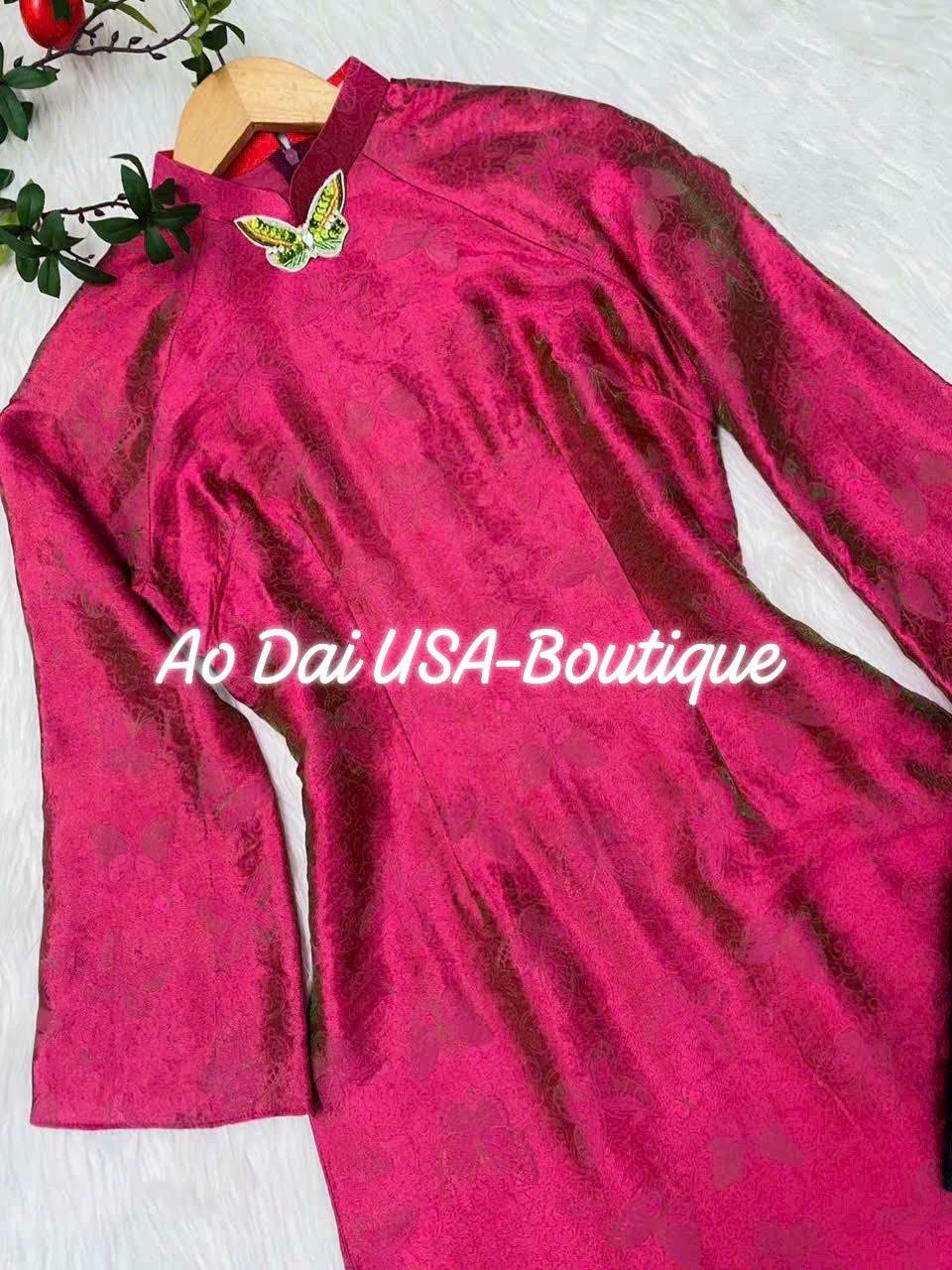 HO DIEP Set Ao Dai Gam Ho Diep Design For Women Burgundy Color/ Traditional Long dresses Vietnamese/Pink pants included/CT301
