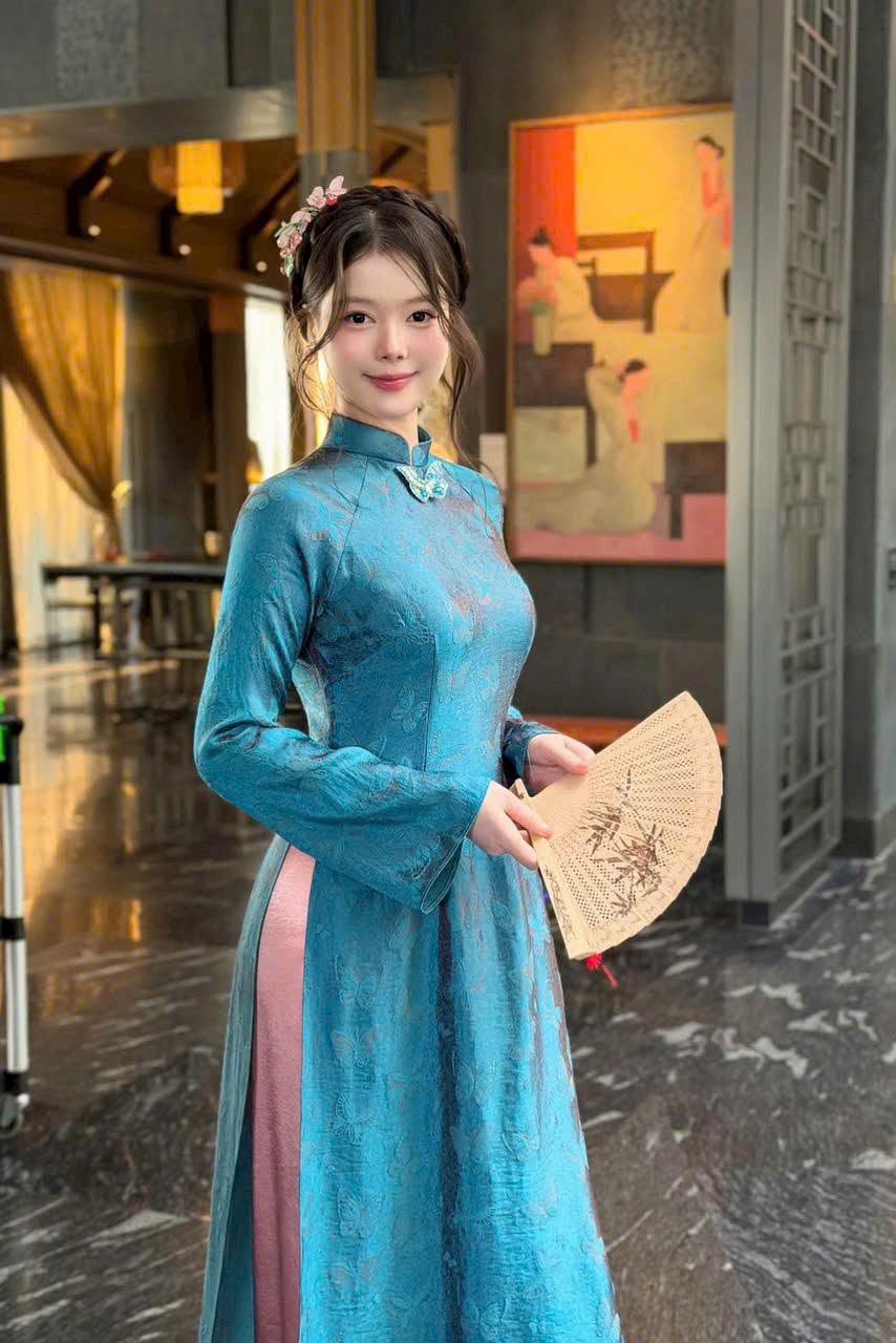 ANH MINH Set Ao Dai Gam Ho Diep Design For Women navy Color/ Traditional Long dresses Vietnamese/Dark Blue pants included/CT300