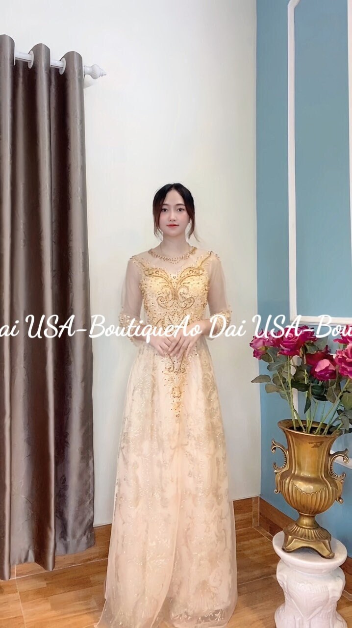 Triple Layers Ao Dai Set with Lace And Silk- Crystal And Pearls Designed-DS28