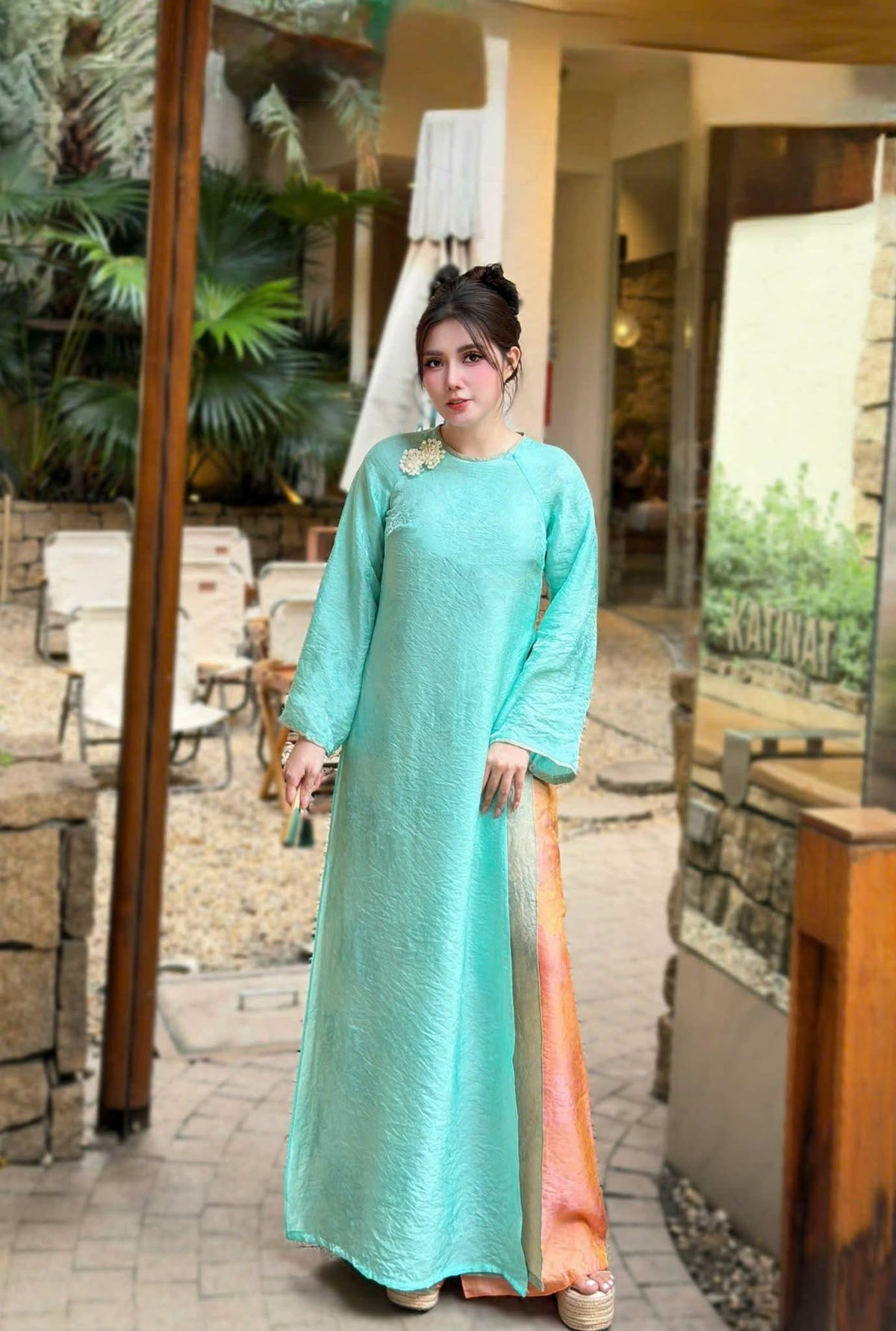 CHAU SA  Set Ao Dai To Tam Tencel Design For Women Light Blue Color/ / pants included/CT19