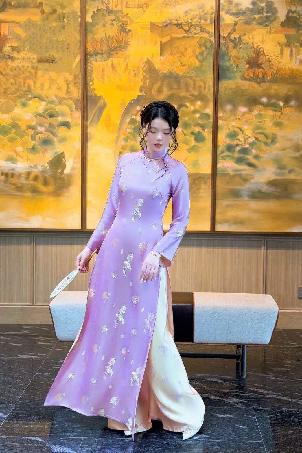 MISA  Set Ao Dai Tơ Tam Anh Sao Design For Women Light Purple Color/ Traditional Long dresses Vietnamese/ pants included/TT98