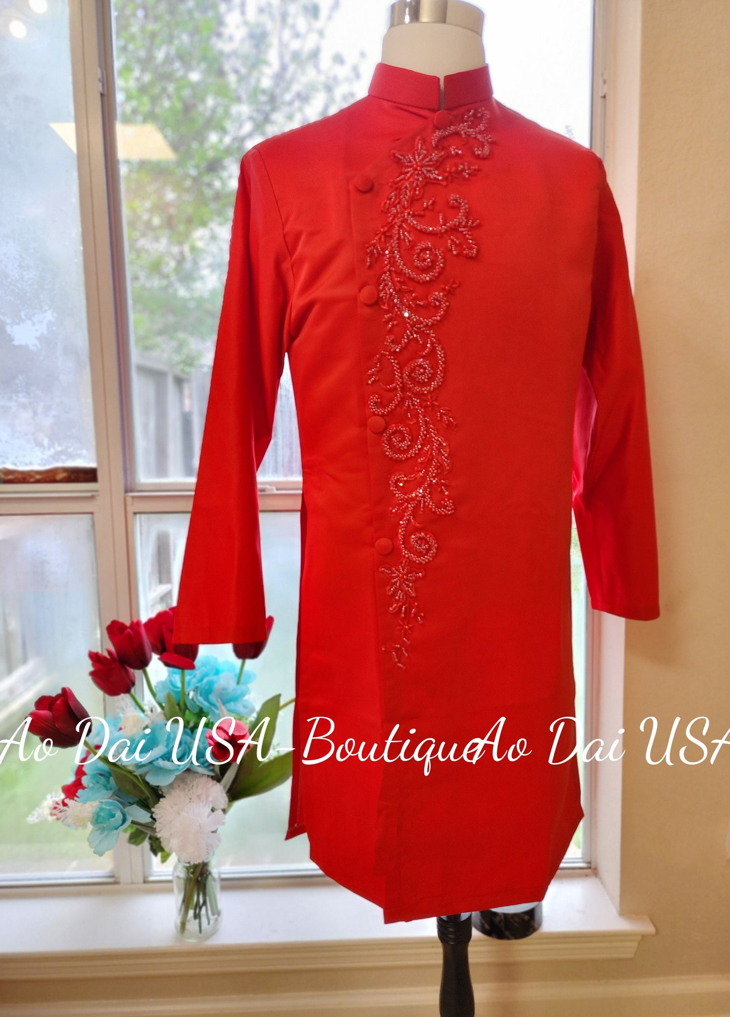 Ao dai Red Color Design With Crytal B177