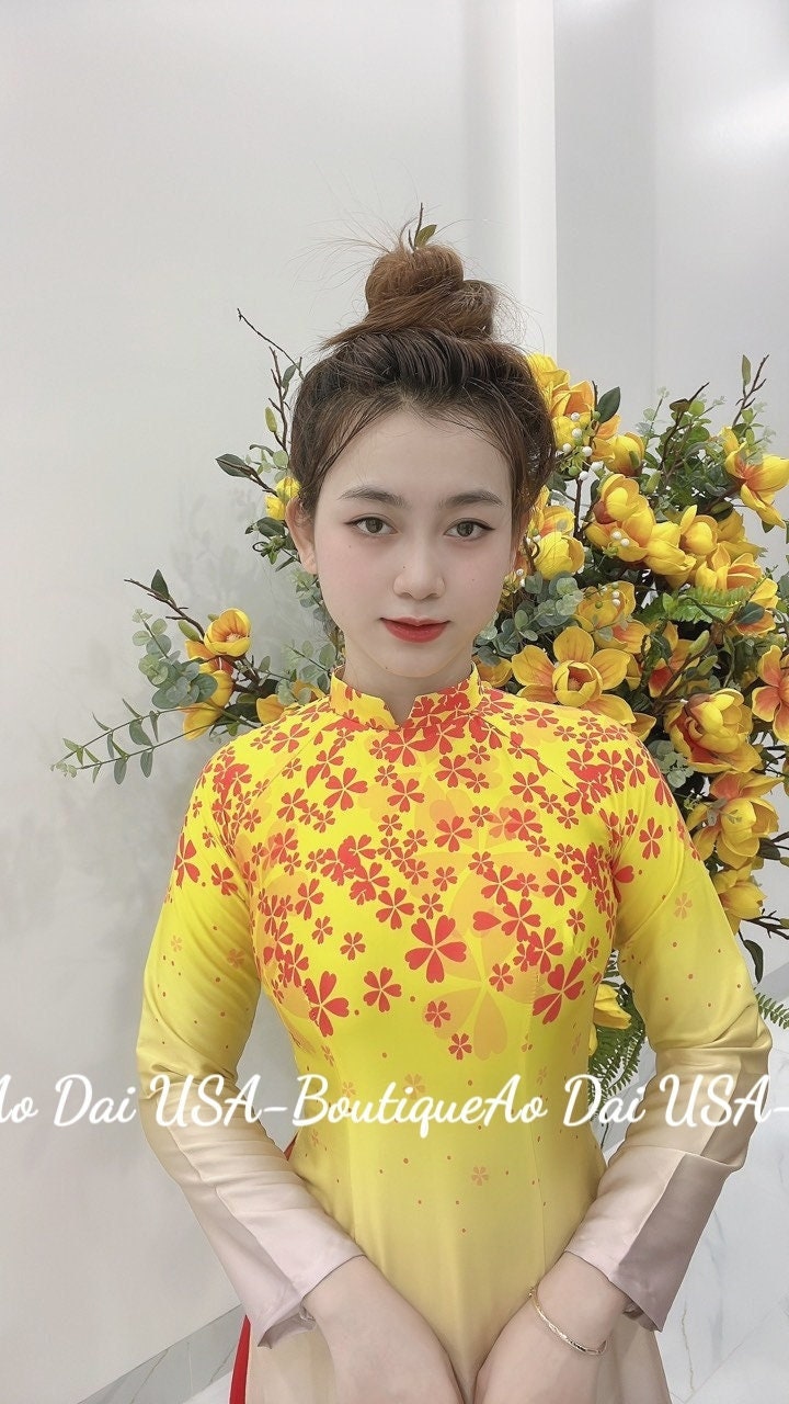 Top Only-Ao dai Hoa lua Mã Não Yellow 3D color- TT106