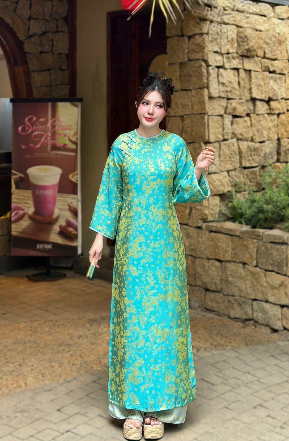 BICH MONG Ao Dai Lua To Tam Van Nam with Blue Pants /Loose Style Design Set Ao Dai for Women/TT92